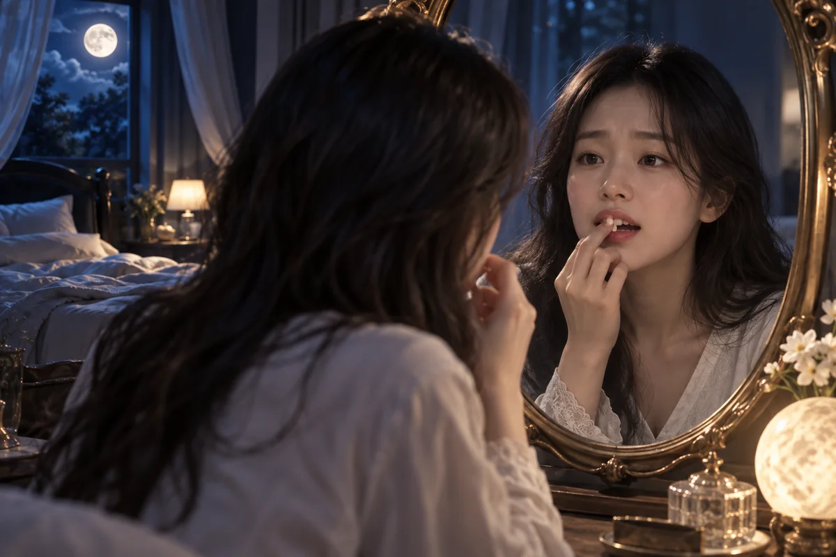 거울 앞에서 흔들리는 앞니를 확인하는 이빨 빠지는 꿈 장면