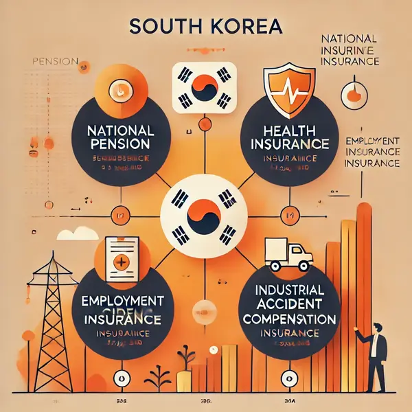 4대보험 구성 요소 - 국민연금, 건강보험, 고용보험, 산재보험의 개념과 역할을 정리한 다이어그램