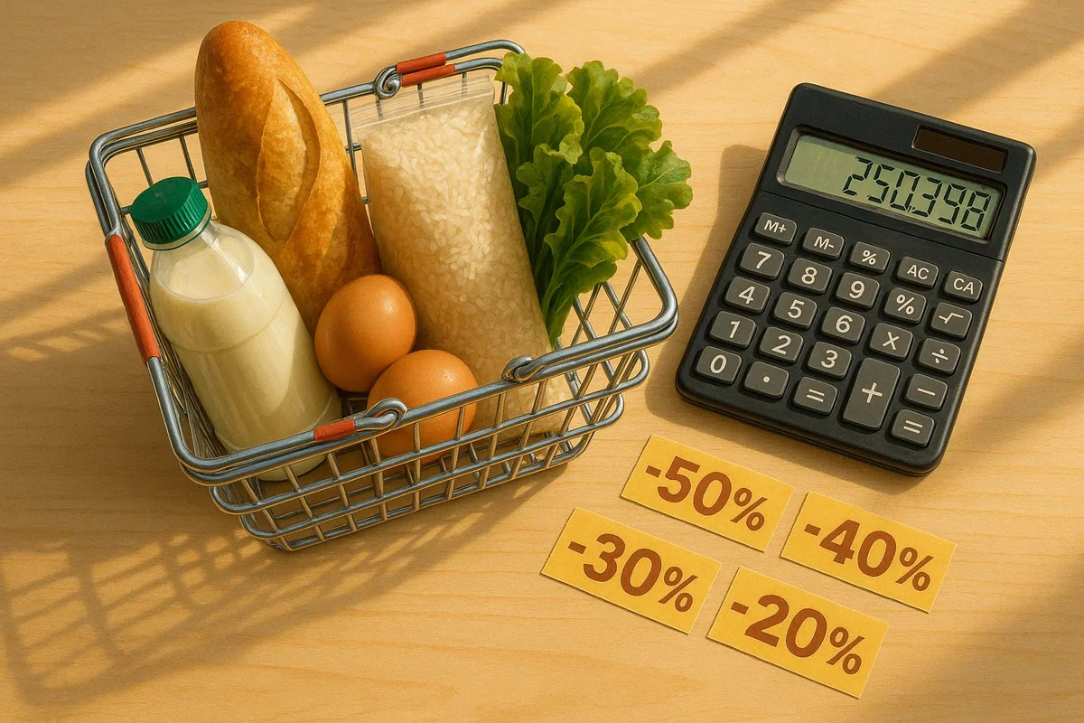 장바구니와 계산기, 할인 쿠폰이 함께 놓인 모습으로 스마트한 식비 절약을 상징하는 이미지