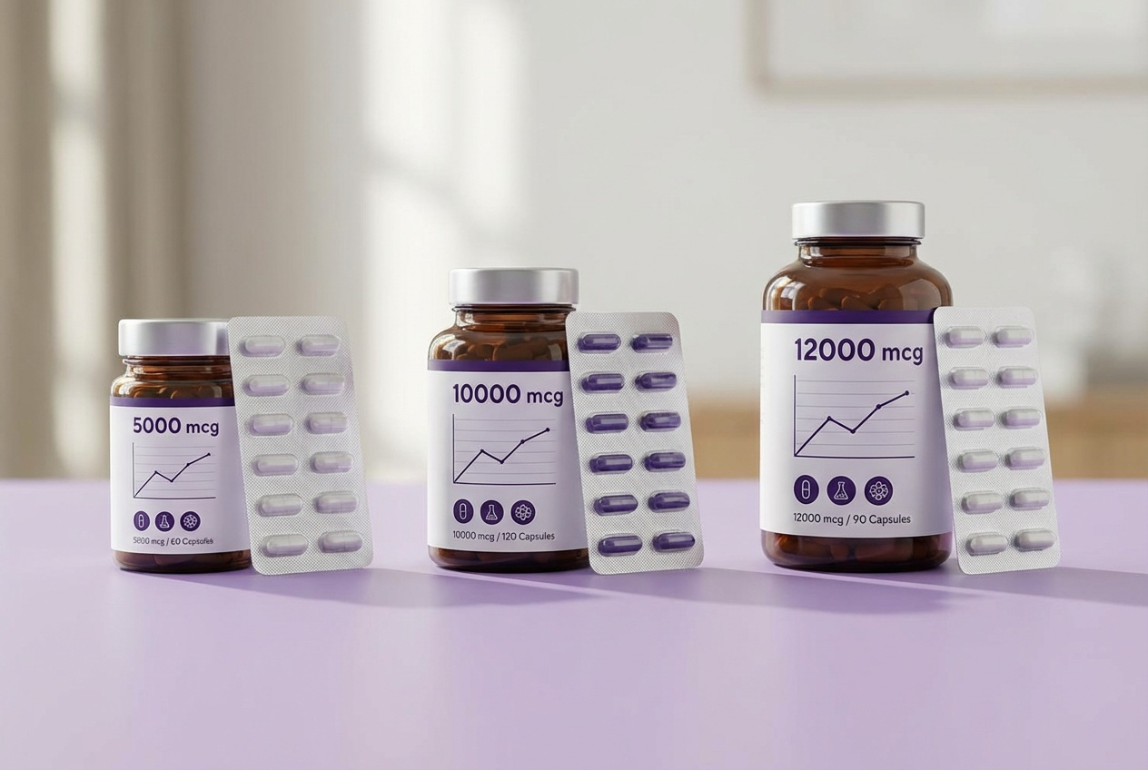 다양한 함량과 제형의 비오틴 영양제가 나란히 놓여 있고 차이점을 비교하는 인포그래픽