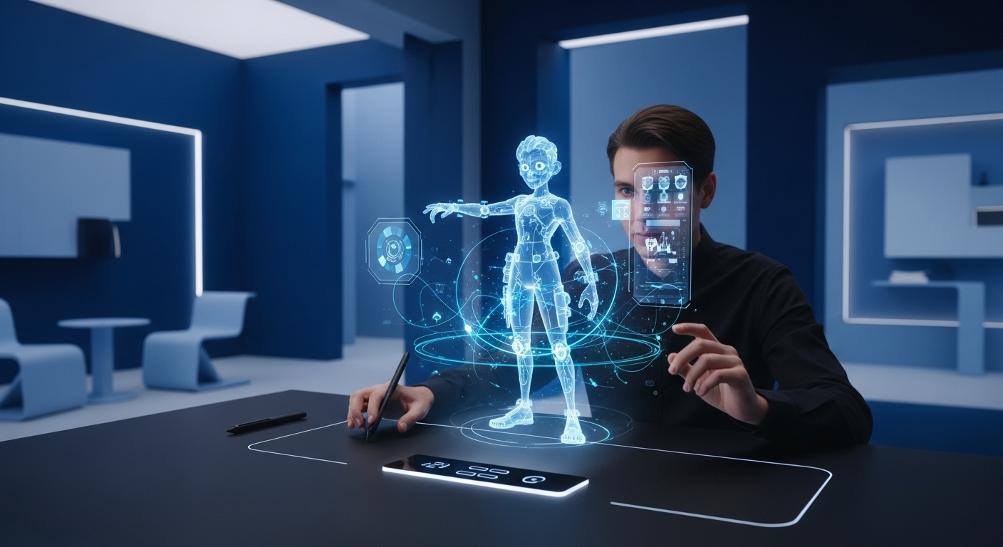 AI 기술과 홀로그램 인터페이스로 3D 애니메이션 캐릭터를 디자인하는 모습.