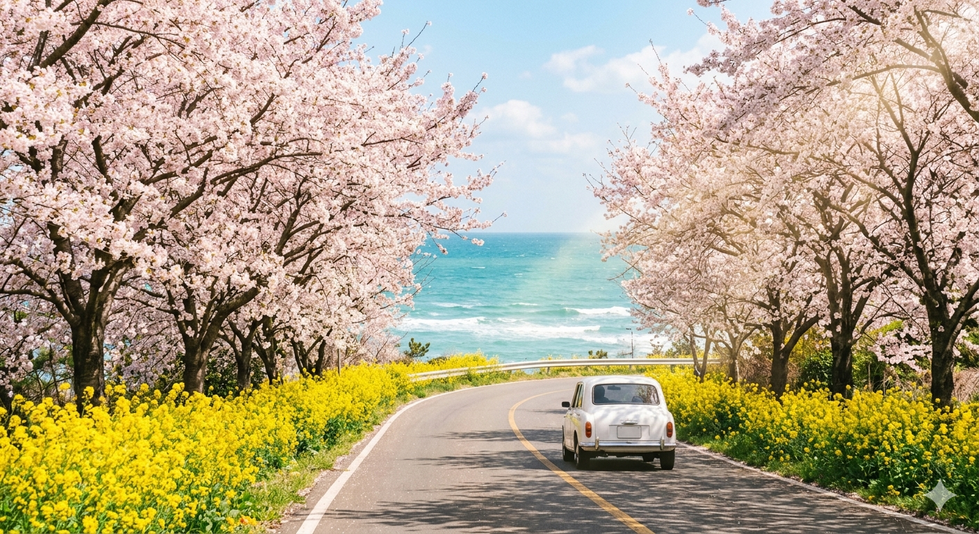 봄 꽃이 만개한 해안도로를 드라이브 하는 자동차