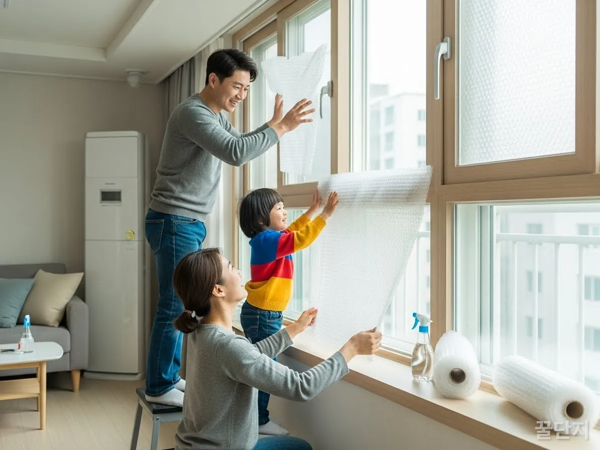 가족이 함께 창문에 뽁뽁이 단열재를 붙이며 난방비를 절약하는 모습