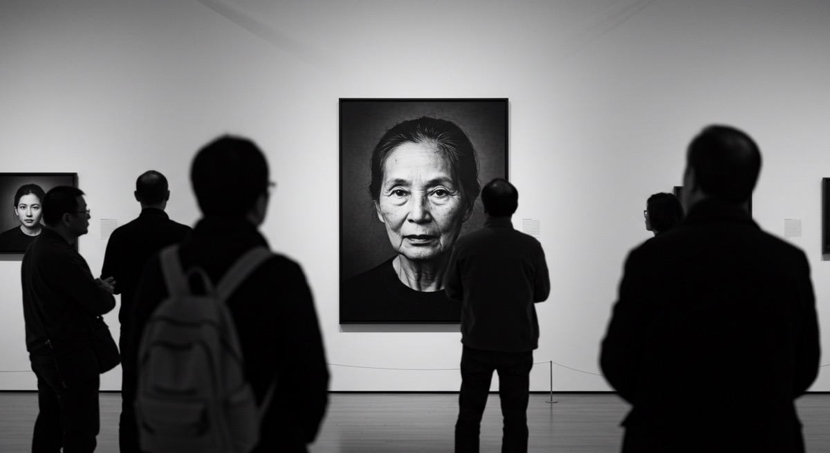 미술관 벽에 걸린 흑백 사진 작품을 관람객들이 감상하고 있는 모습