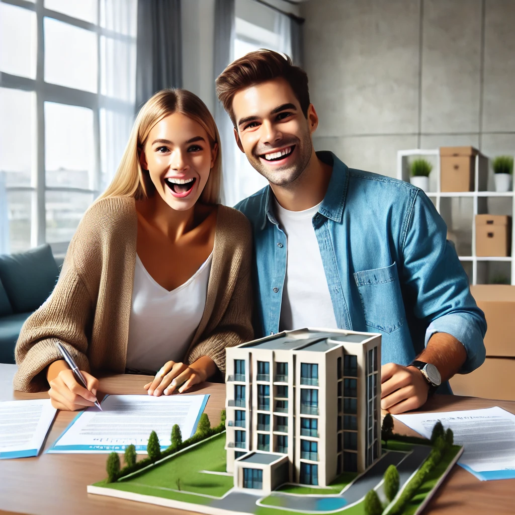 젊은 부부가 부동산 사무실에서 아파트 청약 당첨 서류에 서명하는 모습
