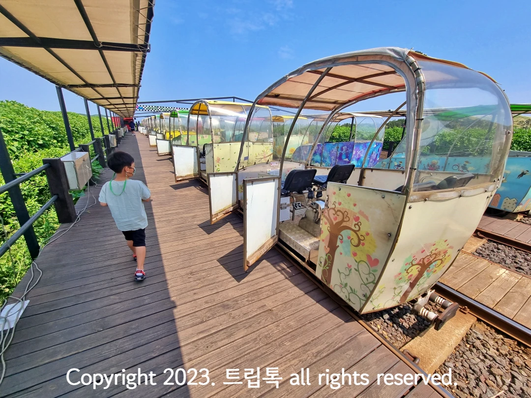 아이가 오른쪽에 레일바이크를 보고 있다