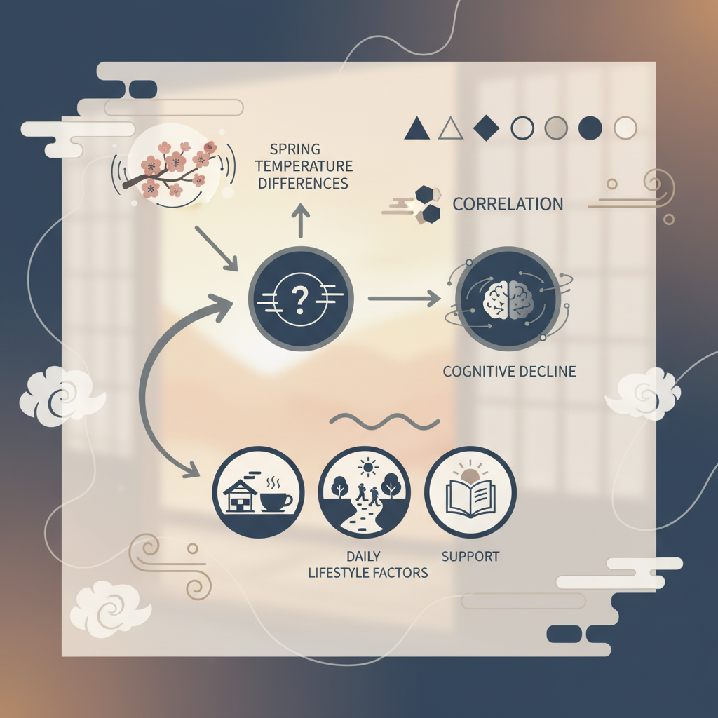 春季の気温差と認知機能低下の相関構造に関する統計・生理メカニズム・対策を示す政策リポート用インフォグラフィック