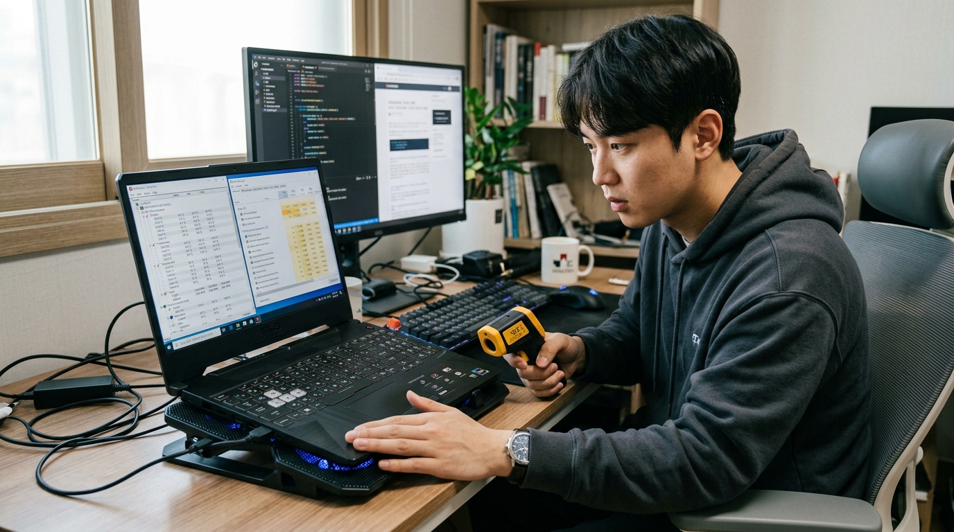 노트북 발열과 백그라운드 작업 상태를 점검하는 장면