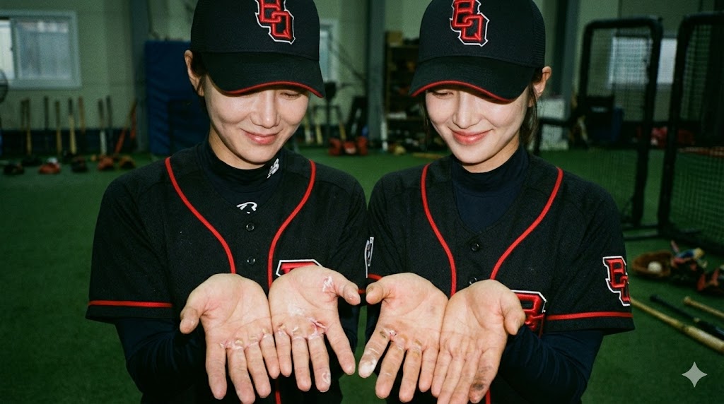 A close-up of players shyly smiling as they show each other their blistered palms.