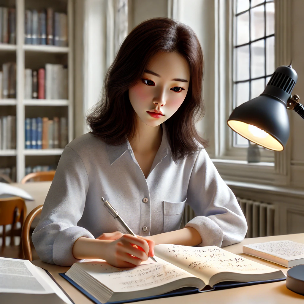 조용한 도서관에서 노트에 공식을 작성하며 불확실한 표정을 짓는 젊은 여성