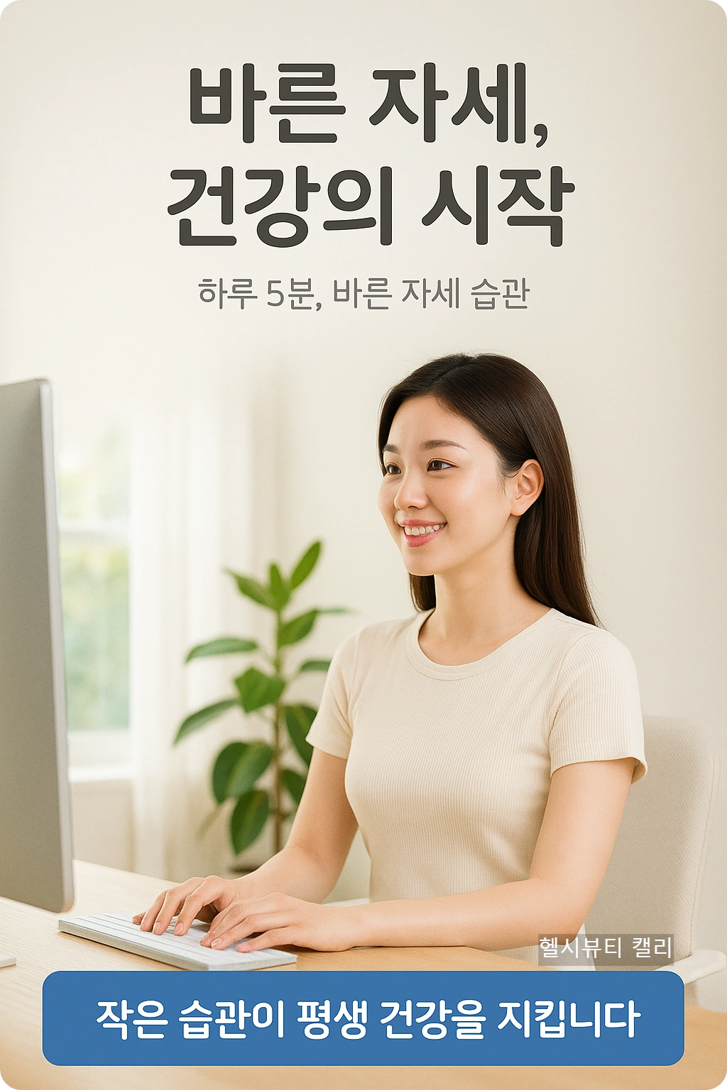 코가 오똑하고 하얀 피부의 20대 강남 여성이 자연광 아래서 허리를 곧게 펴고 모니터를 보는 프리미엄 인포그래픽. 상단에 '바른 자세, 건강의 시작'과 '하루 5분, 바른 자세 습관' 문구, 하단에 '작은 습관이 평생 건강을 지킵니다' 강조 메시지가 포함됨.