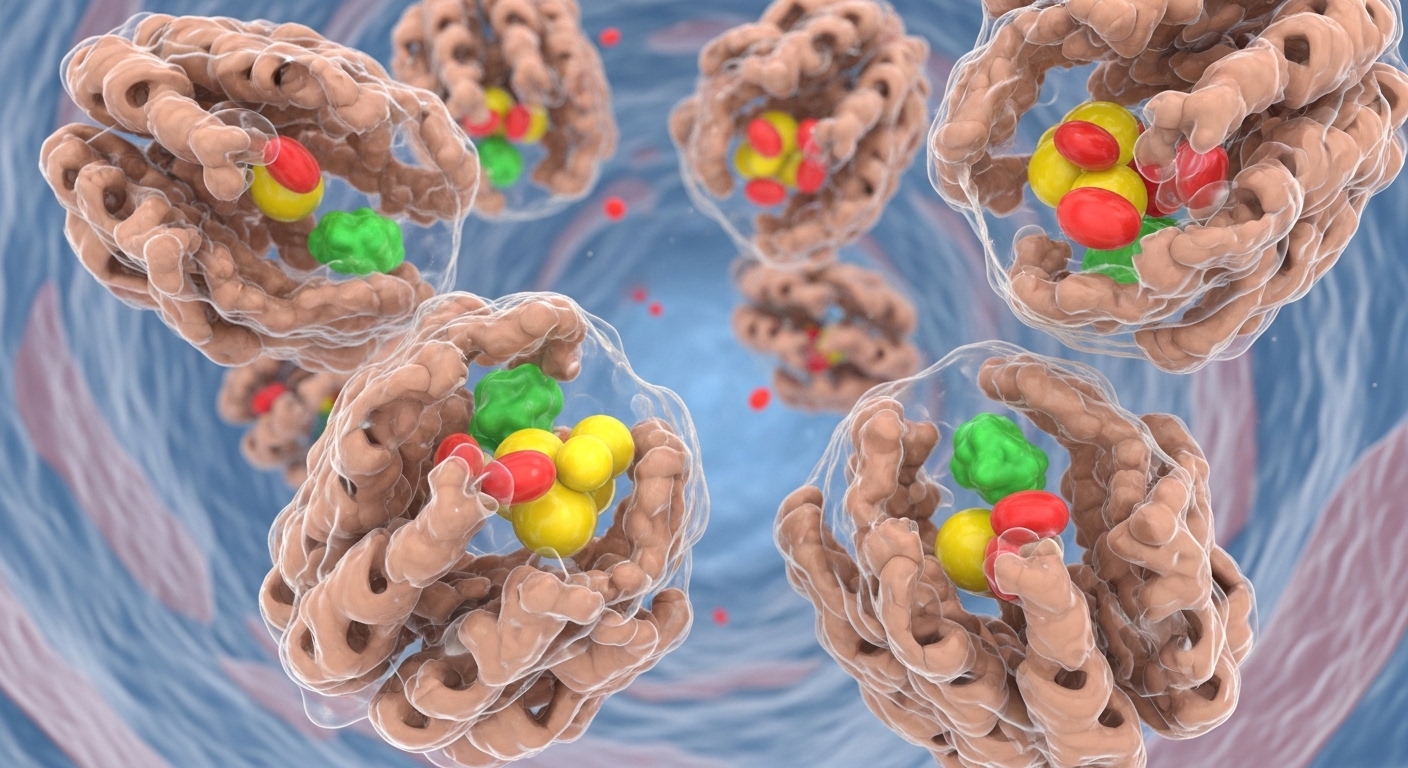 혈장 속에서 알부민 분자가 영양소를 운반하는 모습을 표현한-의료-3D-이미지-영양분-입자를-감싸-이동하는-단백질-구조-과학-다큐멘터리-스타일-디테일-강조