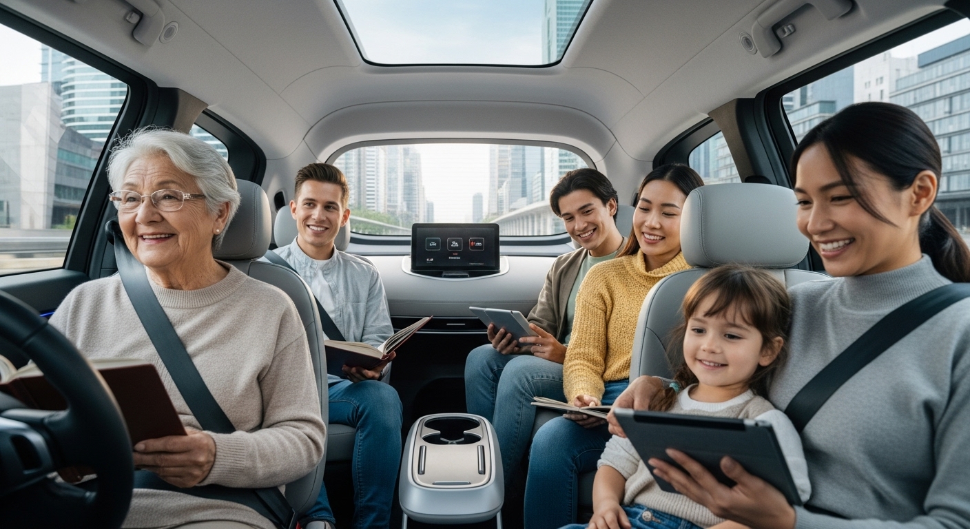 운전대 없는 자율주행 택시 내부에서 승객들이 편안하고 안전하게 이동하는 모습. 미래 이동성의 편리함을 상징합니다.