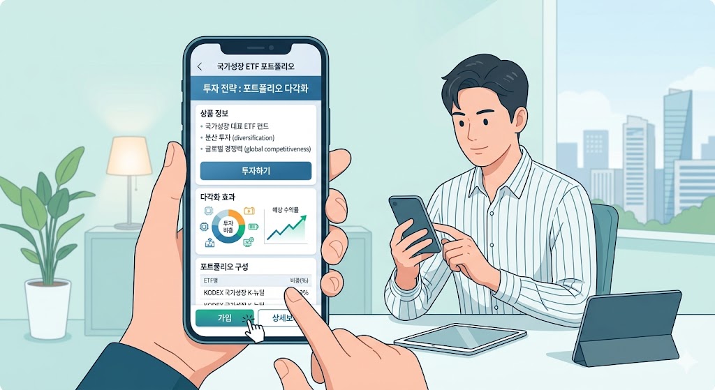 모바일 앱을 통한 국민성장펀드 가입 또는 ETF 포트폴리오 구성 개념 이미지