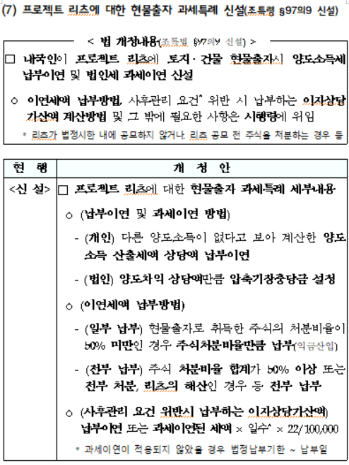 프로젝트 리츠에 대한 현물출자 과세특례 신설