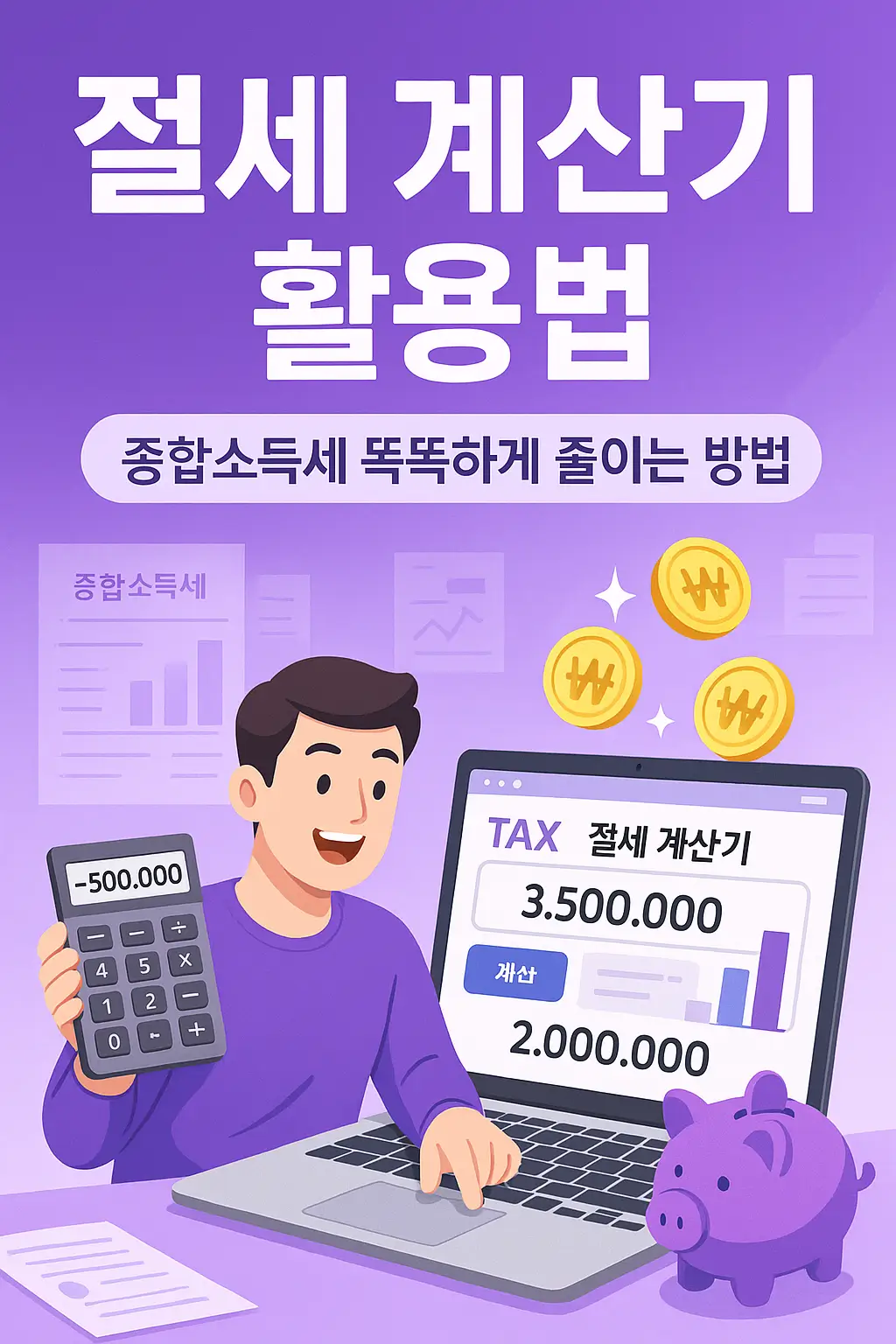 alt="절세 계산기 활용법 블로그 썸네일. 종합소득세 똑똑하게 줄이는 방법이라는 문구와 함께, 남성이 노트북과 계산기를 보며 세금이 줄어드는 모습을 보여주고 있으며, 원화 동전과 저금통 아이콘이 함께 배치된 이미지"