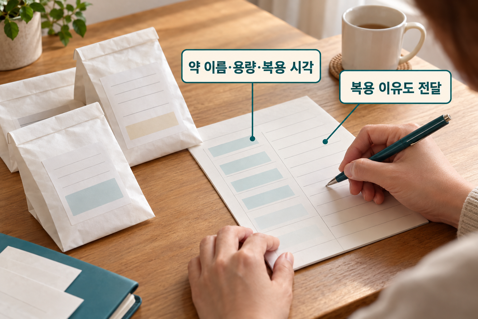 약 봉투 옆에 약 이름과 복용 시각을 적는 목록