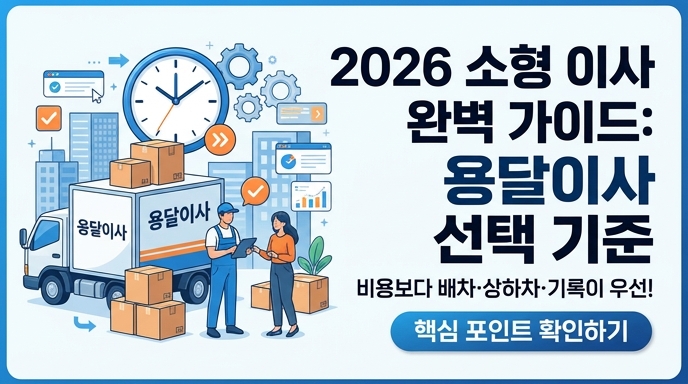 2026년 소형 이사를 위한 용달이사 선택 기준을 설명하는 썸네일 이미지. 이사 트럭, 상자, 사람, 그리고 시계와 기록을 상징하는 디지털 요소가 포함되어 있으며, "비용보다 배차·상하차·기록이 우선!"이라는 문구가 강조되어 있습니다.