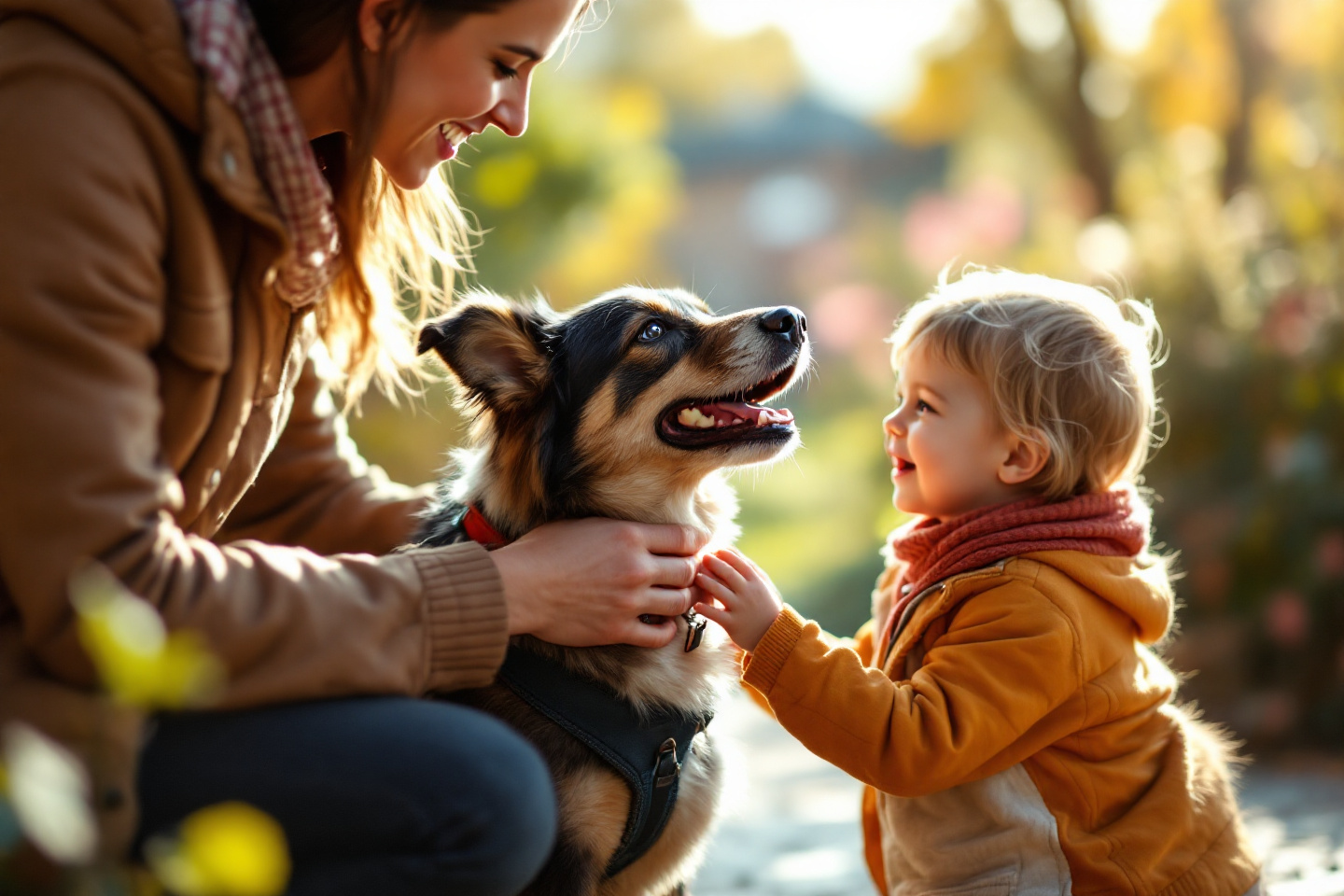 parent teaching child how to properly approach and pet a dog