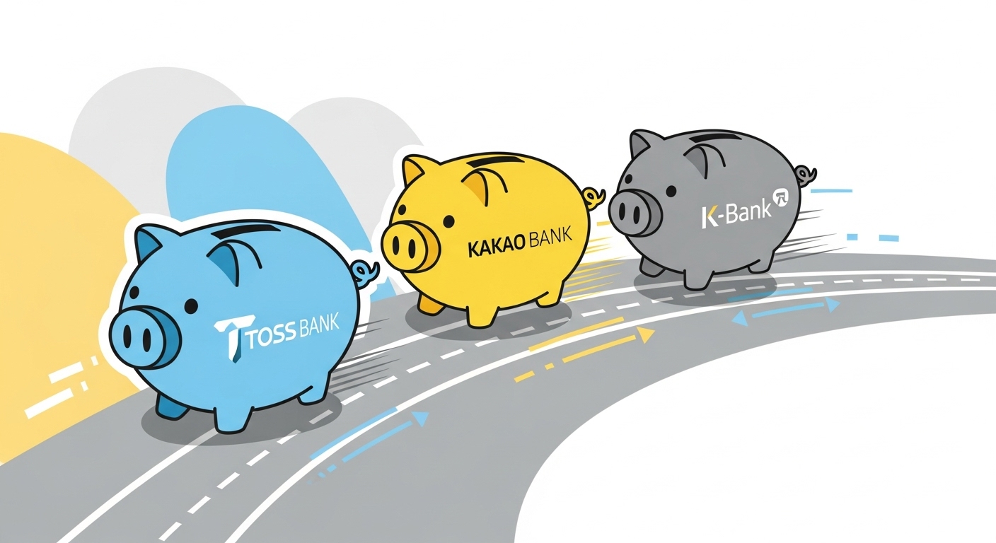Infographic of three cute piggy banks with Toss Bank, Kakao Bank, and K-Bank logos racing on a track.