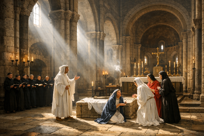 고딕 성당 내부에서 상연되는 초기 전례극 장면