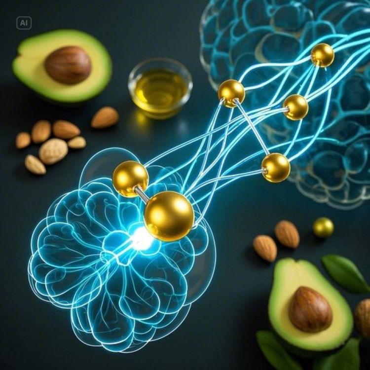 투명한 뇌 모델 안에서 빛나는 케톤체 분자들이 신경세포를 따라 흐르는 모습. 배경에는 건강한 지방 음식들(아보카도, 견과류, 올리브오일)이 배치되어 있고, 전체적으로 파란색과 금색 톤으로 과학적이면서도 희망적인 느낌을 연출.
