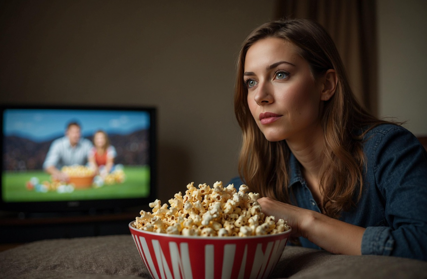 영화에 집중하고 있는 여성