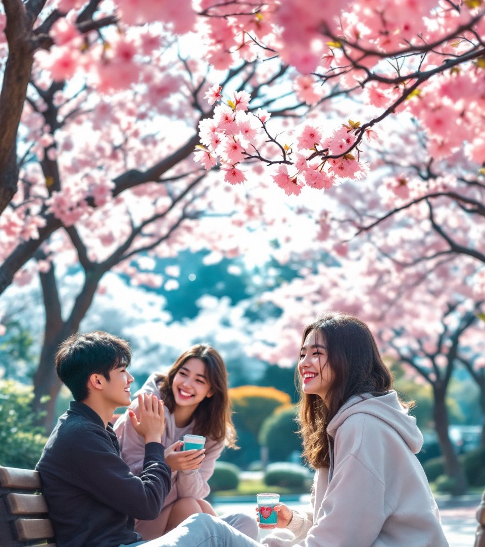 화창한 날씨에 활짝핀 벗꽃나무 아래에서 남녀대학생 3명이 함께 웃으며 커피를 마시면서 대화를 하고 있는 이미지