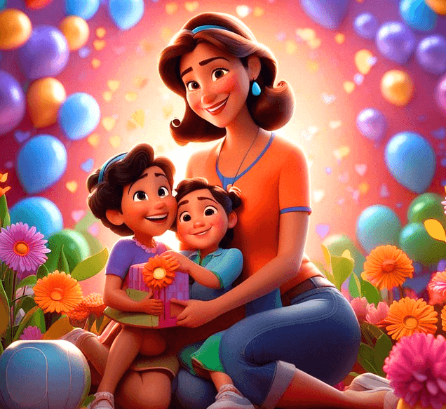 단발머리 엄마가 두 아이를 품에 안고 웃는다. 주변엔 하늘색, 보라색, 노란색 풍선들이 가득하다. 시집 간 딸이다.