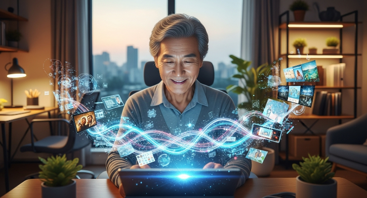 60대 은퇴자가 태블릿으로 AI 콘텐츠를 만들며 활기찬 노년의 삶을 즐기는 모습