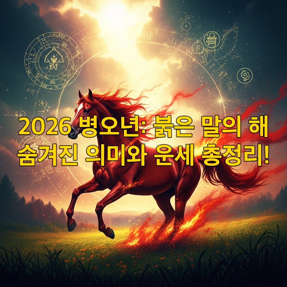 힘찬 에너지를 발산하며 달리는 붉은 말의 웅장한 모습, 2026년 병오년 붉은 말의 해를 상징하는 대표 이미지