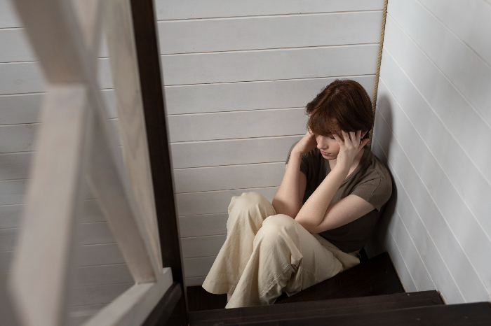 계단 구석에 쪼그려 앉은 여자