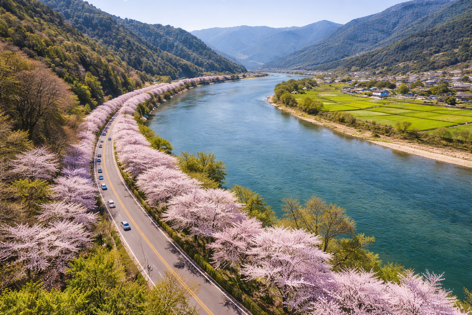 섬진강 벚꽃길 풍경 (AI 생성)