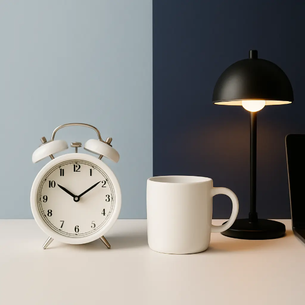 자명종과 커피잔, 스탠드 조명이 함께 있는 아침과 저녁 루틴을 상징하는 스튜디오컷