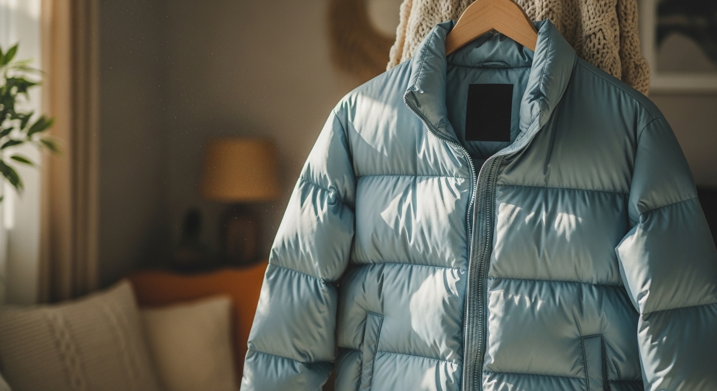  깨끗하게 세탁된 경량패딩이 뽀송하게 걸려있는 모습] 