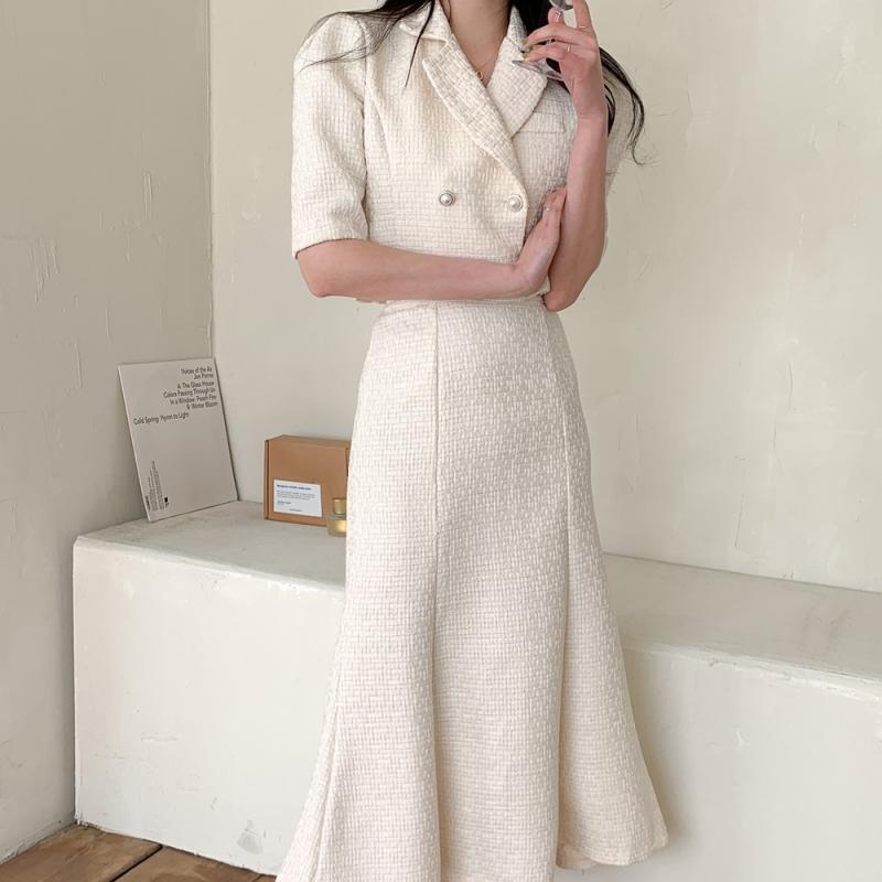 머메이드 롱스커트 크롭자켓 트위드 투피스 세트 셋업 하객룩 아이보리