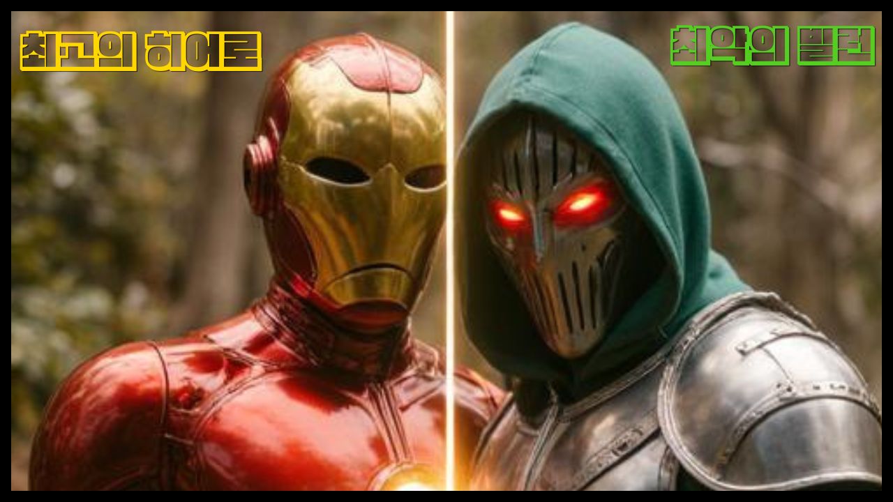 아이언맨에서 닥터 둠으로 변신하는 로다주의 극적인 캐릭터의 가상 이미지 대비