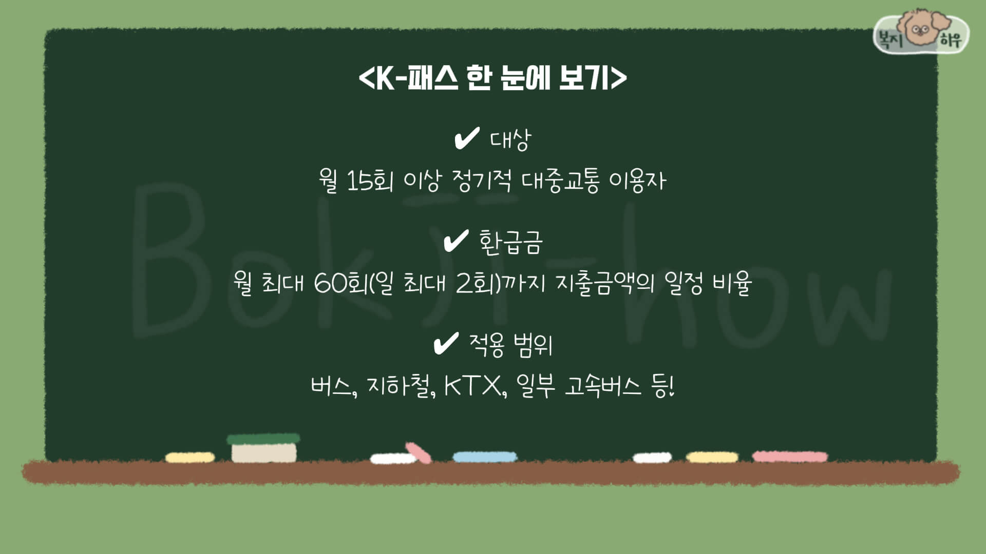 k-패스 대중교통비 환급은 월 15회 이상 대중교통 이용자에게 최대 60회까지 사용한 금액의 일정 비율을 환급해주는 제도이다.