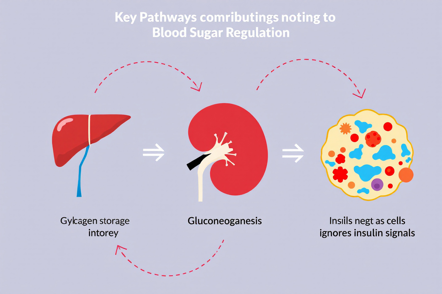 간이 혈당 조절에 기여하는 주요 경로를 보여주는 다이어그램: 글리코겐 저장, 포도당 신생합성, 인슐린 저항 등"