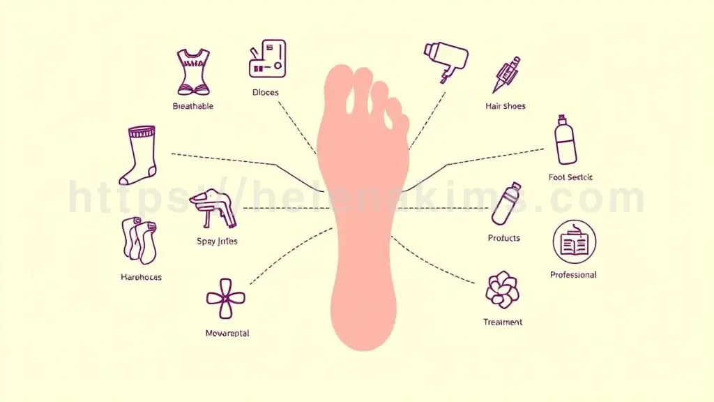 건강한 발 실루엣을 중앙에 배치, 발 주변으로는 통기성 양말/신발 아이콘, 드라이어 아이콘, 발 전용 제품 스프레이 병 아이콘, 전문적인 치료 주사기 아이콘, 약병 아이콘, 물과 전류가 흐르는 기기 아이콘들을 배치한 그래픽 이미지.
