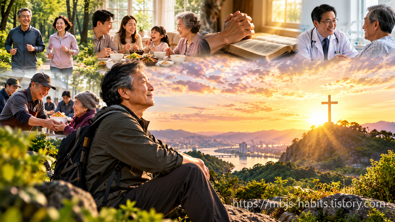 건강하게 걷는 노년, 가족과의 식사, 기도와 신앙, 이웃 나눔과 의료 돌봄을 통해 건강하고 행복한 삶의 조건을 표현한 이미지