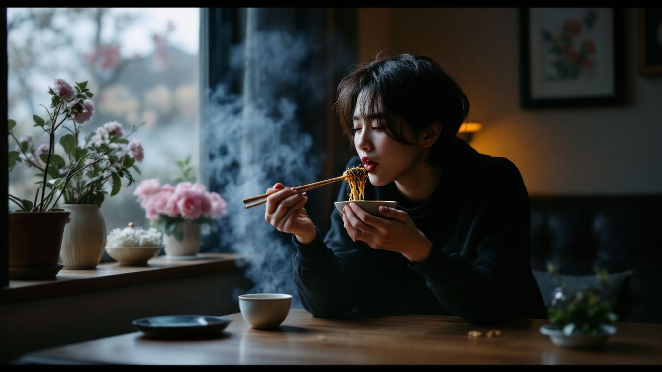 블랙데이에 혼자 자장면을 먹으며 시간을 보내는 감성적인 여성의 모습