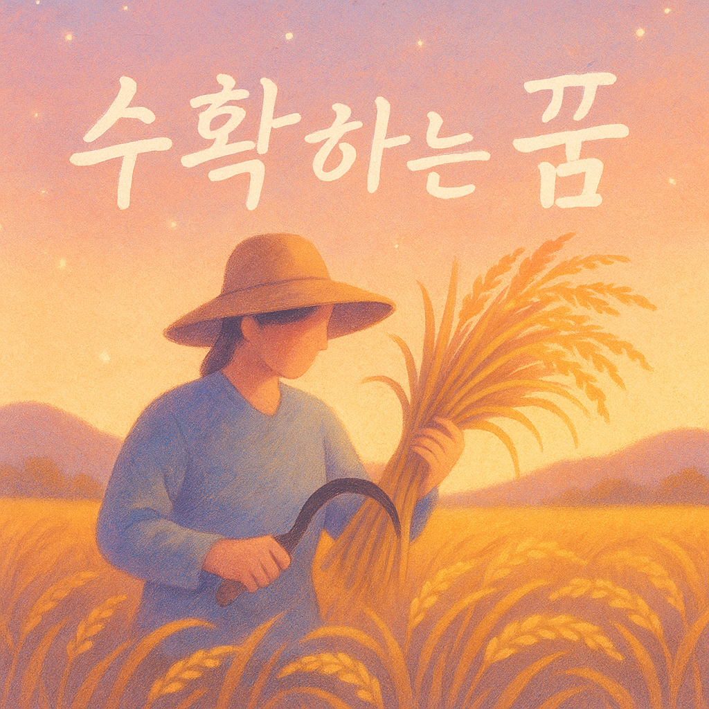 몽환적 파스텔톤 일러스트, 가을 황금빛 들판에서 곡식을 수확하는 장면과 중앙에 필기체 텍스트 ‘수확하는 꿈은 대박의 전조?’가 담긴 따뜻한 분위기