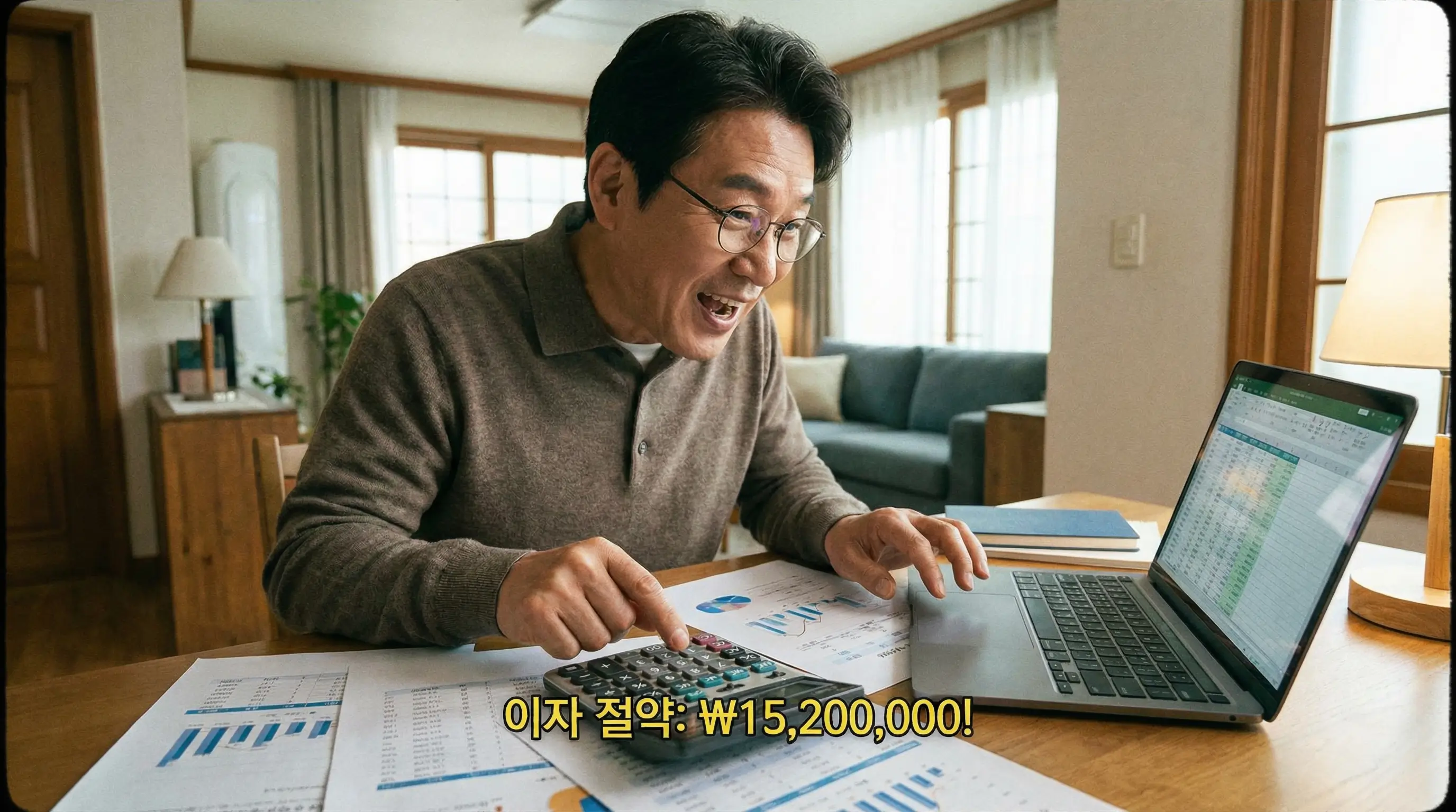 계산기를 두드려보며 이자를 절약하는 최적의 상환 방법을 찾고 만족해하는 모습