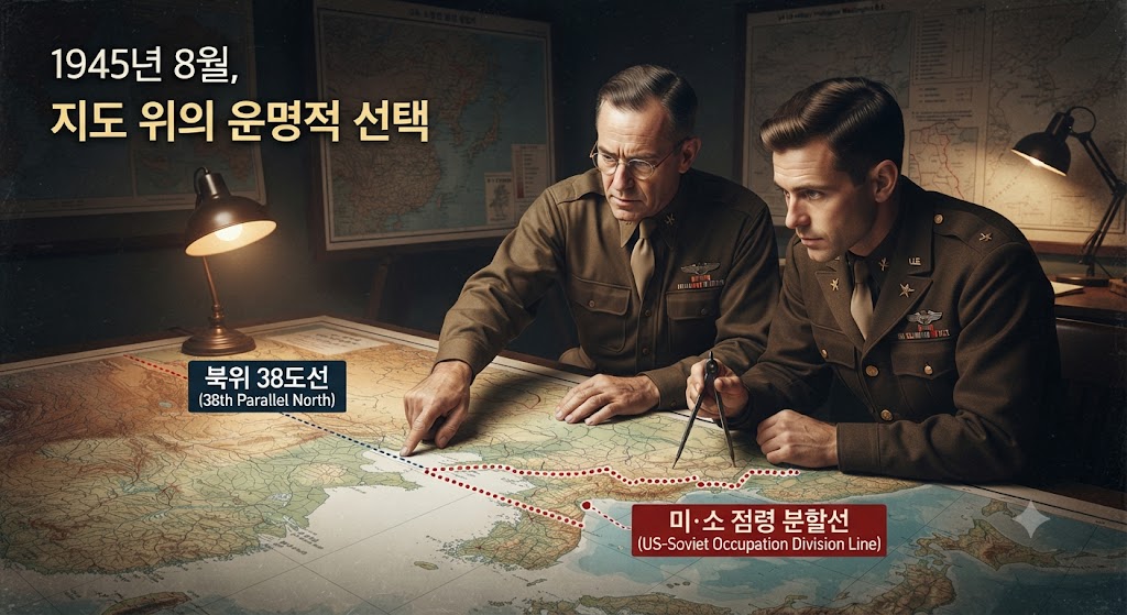 제2차 세계대전 말기, 극동 전선 상황판을 배경으로 미군 대령 두 명(딘 러스크와 찰스 본스틸)이 고민하는 모습을 실사풍으로 담았습니다. 지도 위 '38도선'이 명확하게 표시된 위선에 미군 장교의 손가락이 놓여 있고, 그 위로 '미·소 점령 분할선 합의'라는 인포그래픽 텍스트를 배치했습니다. 배경의 어두운 분위기와 대비되는 붉은색 38도선이 긴박함을 더합니다.