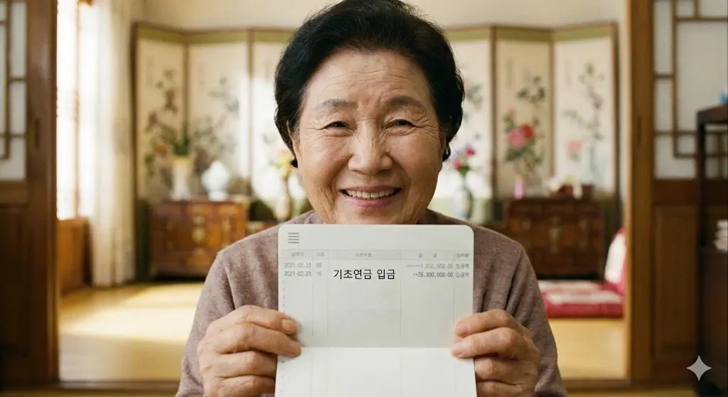 통장을 들고 환하게 웃는 어르신, 통장에는 '기초연금 입금' 글자가 찍혀 있음