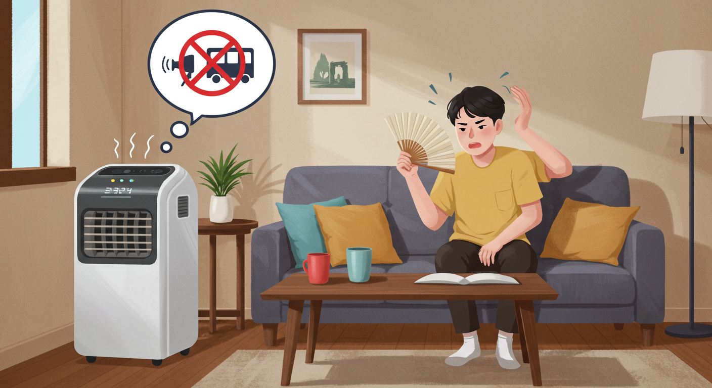 2025년 이동식 에어컨 구매 후 소음과 더위로 인해 고통받는 사람의 모습