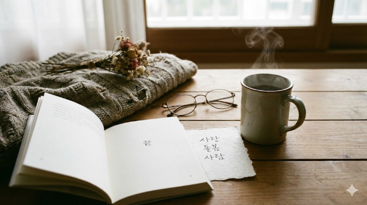 책의 마지막 페이지가 살짝 펼쳐져 있고, 그 옆에 '사랑', '돌봄', '사람'이라는 단어가 적힌 메모지와 따뜻한 김이 모락모락 나는 머그잔이 놓인 감성적인 테이블 샷