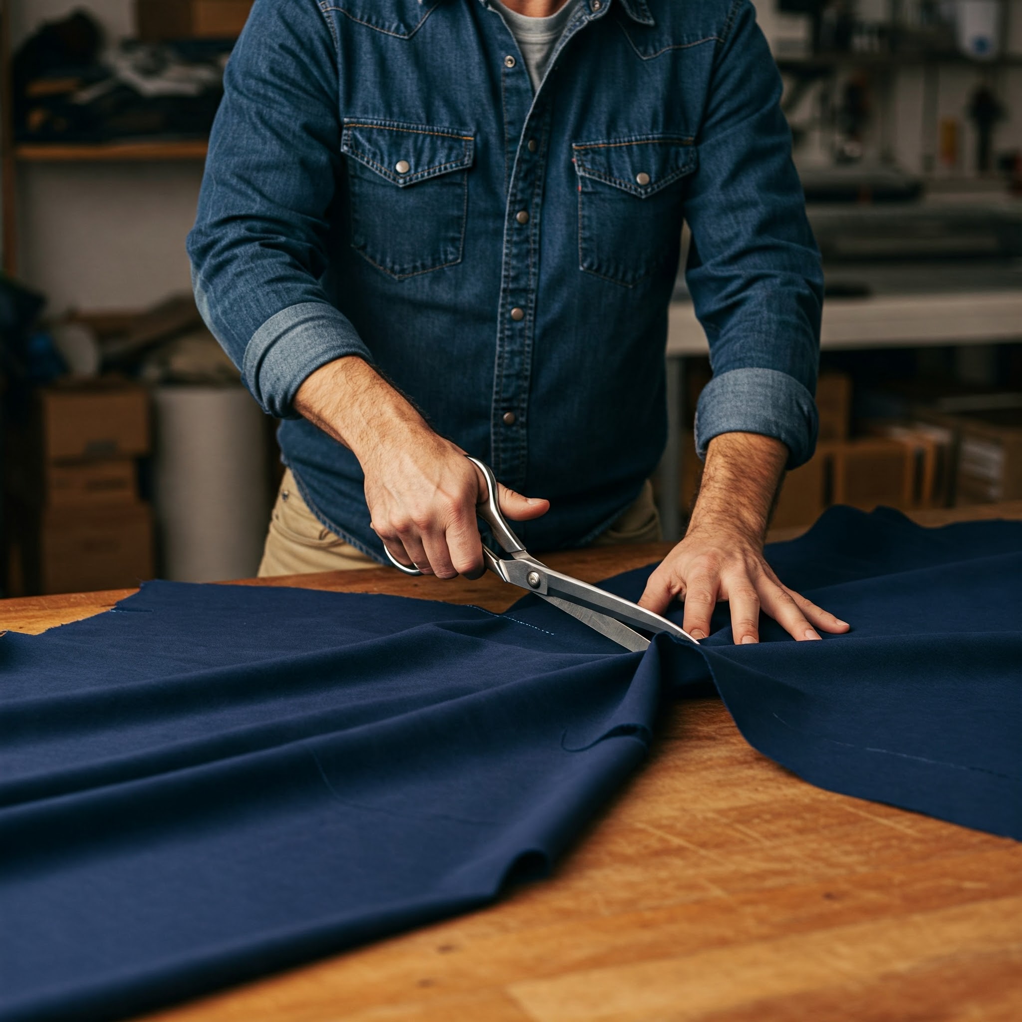 남자가 가위로 원단을 자르고 있다.