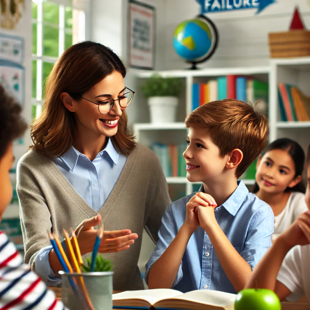 교실에서 아이를 격려하는 선생님